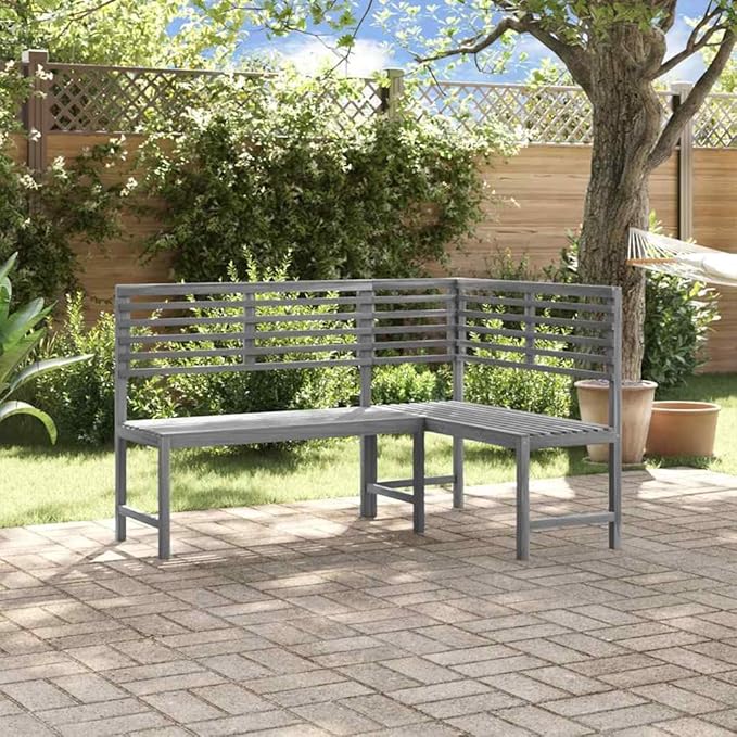 vidaXL Patio Corner Bench, Outdoor Wooden Bench for Garden Park Potting Picnic, Solid Acacia Wood, Easy Assembly, 39.4" x 55.1" x 35.8" Grey