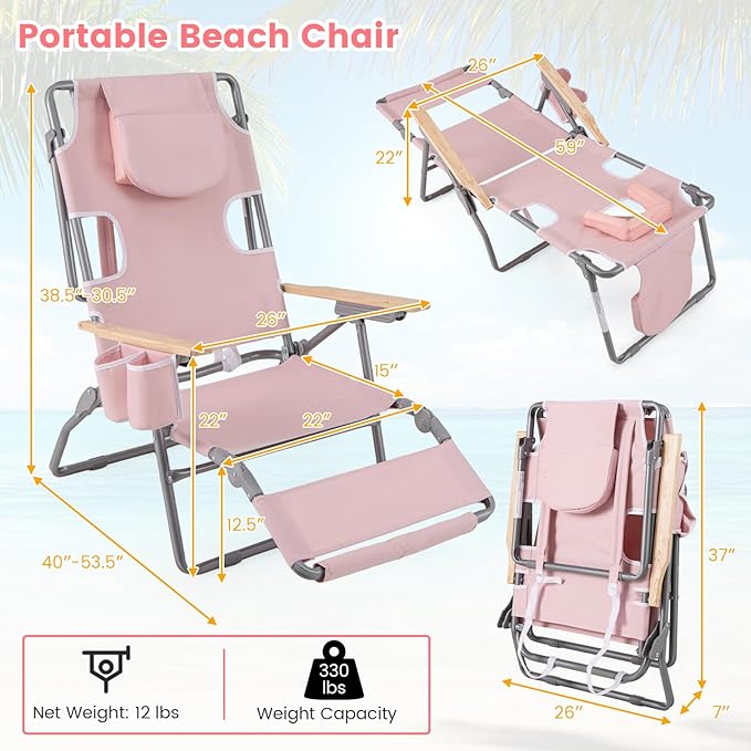 Goplus 3-in-1 Foldable Beach Chair, Lay-Flat Tanning Chair with Face and Arm Holes, Footrest, 330 lbs Heavy-Duty Portable Reclining Lounge Chairs for Outside, Camping, Patio, Poolside, Lawn (2,Pink)