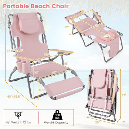 Goplus 3-in-1 Foldable Beach Chair, Lay-Flat Tanning Chair with Face and Arm Holes, Footrest, 330 lbs Heavy-Duty Portable Reclining Lounge Chairs for Outside, Camping, Patio, Poolside, Lawn (2,Pink)