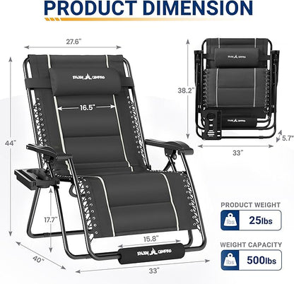 UDPATIO Zero Gravity Chair Oversized Outdoor Anti Gravity Chairs Patio Lounge Folding Adjustable Chair with Cup Holder, Foot Pad & Padded Headrest, Supports 500lbs (2, Grey, 33in)