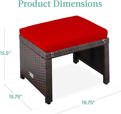 Best Choice Products Set of 2 Wicker Ottomans, Multipurpose Outdoor Furniture for Patio, Backyard, Additional Seating, Footrest, Side Table w/Removable Cushions, Steel Frame - Brown/Red