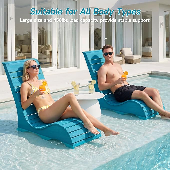 Pool Lounge Chairs Set of 2 for Baja Shelf, Ergonomic S-Contour Pool Lounger for Ultimate Comfort, HDPS Non-Absorbent Material Pool Chairs with Unique M-Shape Base Anti-Float for Patio, Blue