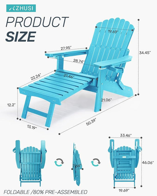 ZHUSI Folding Adjustable Adirondack Chair with Retractable Ottoman, Adirondack Chair with 2 Cup Holders, Outdoor Chairs for Porch Patio Lawn Balcony Weather Resistant (Lake Blue, 1 pcs)