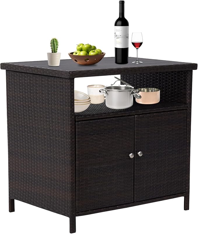 Kinfant Outdoor Wicker Storage Cabinet, Patio Bar Table with Two Doors and Shelves, Weatherproof Wicker Storage Console Table for Outdoor Sofas, Patio Pool Garden Kitchen (Brownish Black)