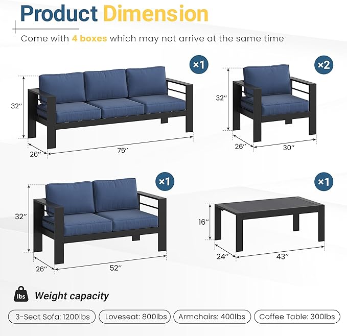 Solaste Aluminum Outdoor Patio Furniture Set, 7 Seats Patio Sectional Sofa with 5" Thick Cushion - Photo 2