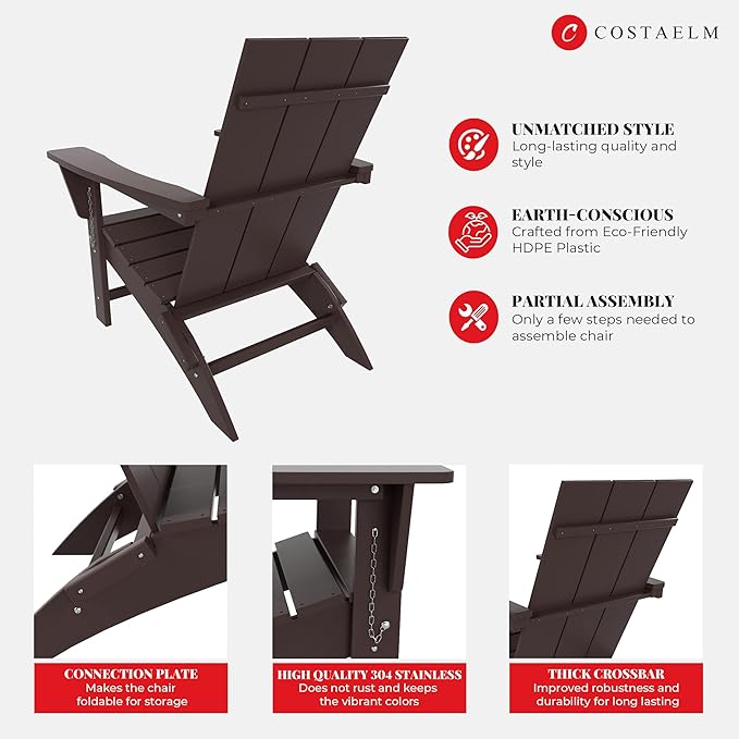 Costaelm Folding Adirondack Chairs, Outdoor Patio Adjustable Lawn Chairs, Weather Resistant Outside Firepit Chairs for Porch, Poolside, Garden, Backyard Deck, Dark Brown