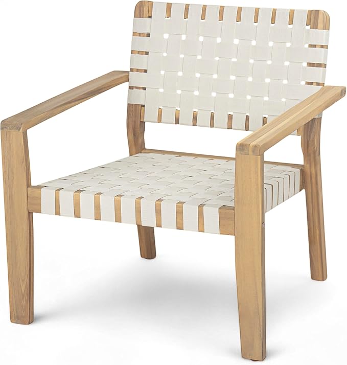 Christopher Knight Home Set of 2 Lena Patio Furniture Acacia Wood Armchair, Woven Rope Outdoor Club Chair, Deep Seating Porch Chairs for Garden, Backyard/Balcony, Light Teak Finish & White