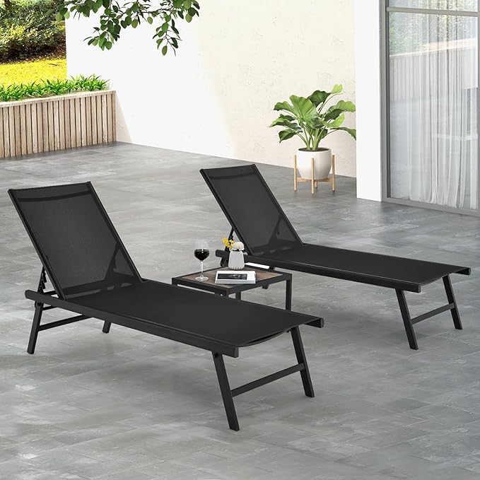 Tangkula 3 Piece Patio Chaise Lounge Set, Aluminum Patio Recliner with Coffee Table, 6-Level Backrest Adjustment - Photo 3