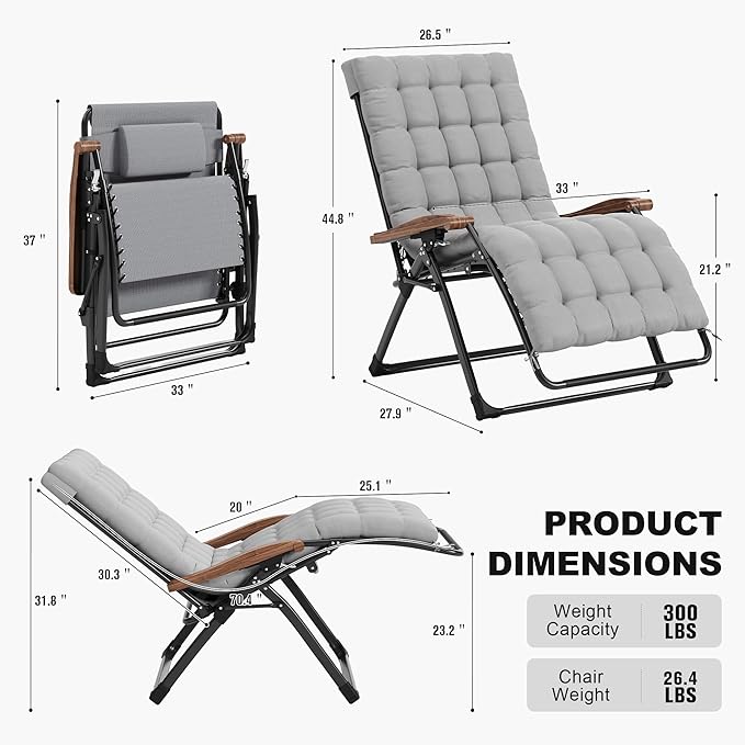 PURPLE LEAF Extra Wide Outdoor Reclining Chair Set of 2 Patio Zero Gravity Chaise Lounge Folding Chair with Removable Cushion Adjustable Headrest for Lawn Camping Beach Pool Grey