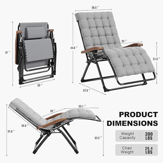 PURPLE LEAF Extra Wide Outdoor Reclining Chair Set of 2 Patio Zero Gravity Chaise Lounge Folding Chair with Removable Cushion Adjustable Headrest for Lawn Camping Beach Pool Grey