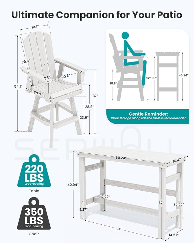 SERWALL 5-Piece Swivel Adirondack Bar Set, HDPE Swivel Bar Height Chairs Set of 4 with Bar Table - Photo 2