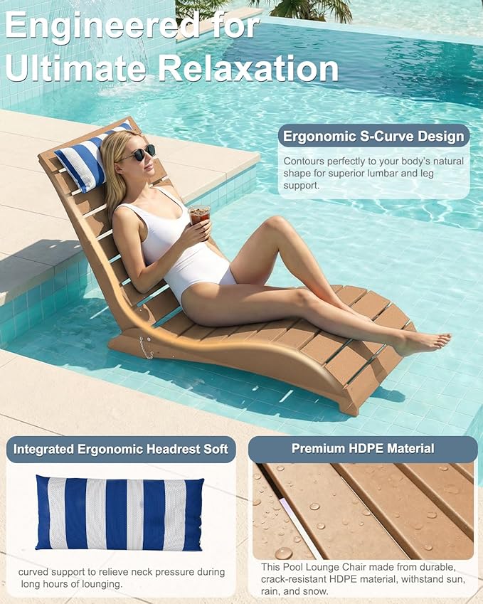 Pool Lounge Chairs, HDPE Adjustable Chaise Chairs with Headrest, Weighted Fade-Resistant Pool Chairs and Lounger for Baja Ledge，Poolside and Deck, Teak