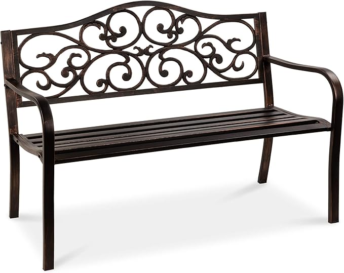 Best Choice Products 50in Classic Steel Garden Bench Chair Furniture for Outdoor, Patio, Yard, Lawn w/Floral Scroll Design - Bronze