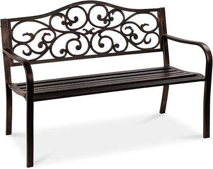 Best Choice Products 50in Classic Steel Garden Bench Chair Furniture for Outdoor, Patio, Yard, Lawn w/Floral Scroll Design - Bronze