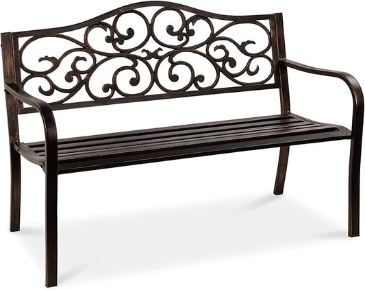 Best Choice Products 50in Classic Steel Garden Bench Chair Furniture for Outdoor, Patio, Yard, Lawn w/Floral Scroll Design - Bronze
