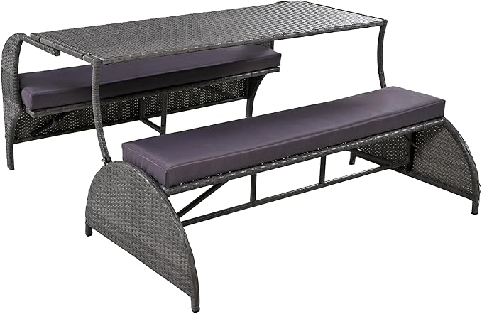 57.1" 2-in-1 Convertible Picnic Upholstered Bench Table, Outdoor Loveseat Picnic Table Couch, Foldable to 4 Seats & 1 Table, Multifunctional Patio Seating for Garden Lawn Backyard Porch（grey）