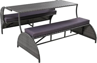 57.1" 2-in-1 Convertible Picnic Upholstered Bench Table, Outdoor Loveseat Picnic Table Couch, Foldable to 4 Seats & 1 Table, Multifunctional Patio Seating for Garden Lawn Backyard Porch（grey）