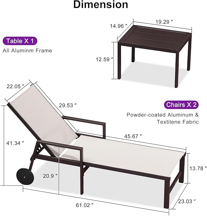 PURPLE LEAF Outdoor Chaise Lounge Chair Set of 2 with Armrests, Aluminum Patio Loungers with Wheels and Adjustable Backrest, Includes Side Table for Deck, Outside, Lawn, Garden, Linen