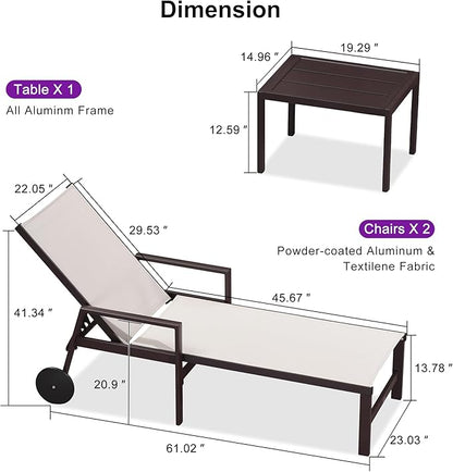 PURPLE LEAF Outdoor Chaise Lounge Chair Set of 2 with Armrests, Aluminum Patio Loungers with Wheels and Adjustable Backrest, Includes Side Table for Deck, Outside, Lawn, Garden, Linen