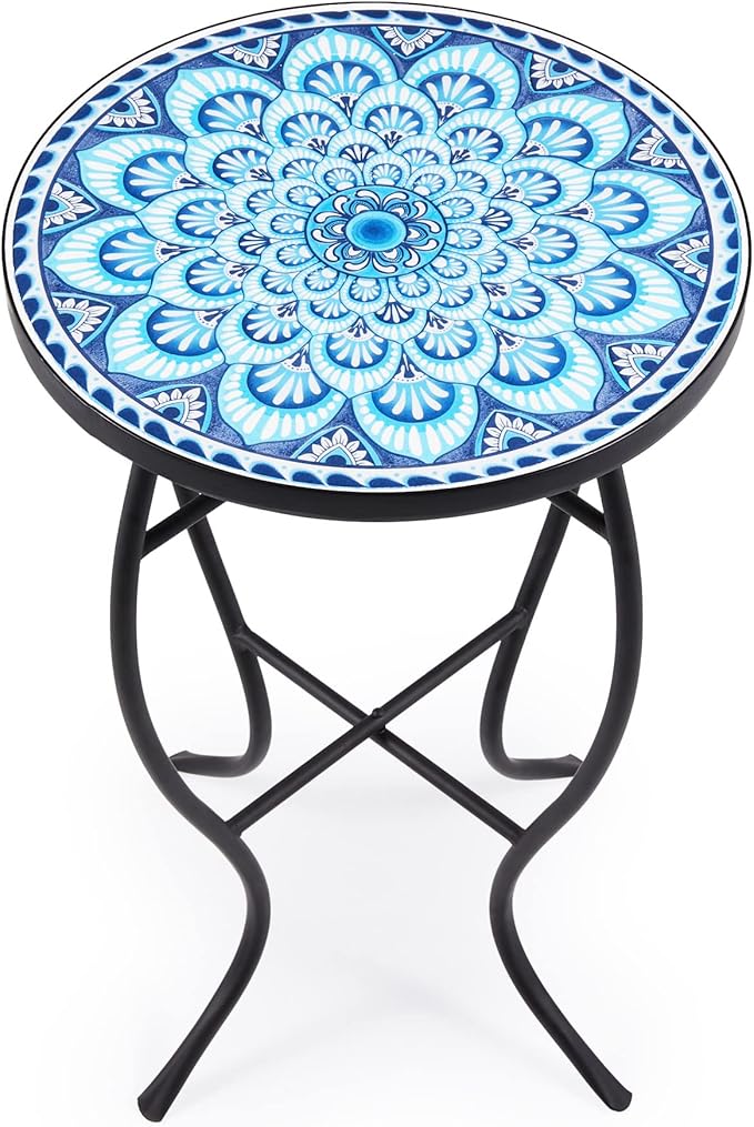 VONLUCE Mosaic Side Table and Plant Stand, 21" Round End Table with 14" Ceramic Tile Top, Indoor & Outdoor Accent Table, Porch Patio Furniture, Entryway & Coffee Table for Home & Garden, Blue Mandala
