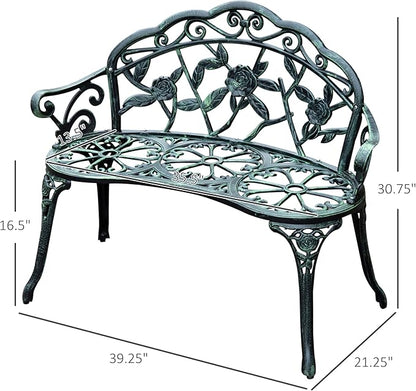Green Metal Garden Bench, Outdoor Seating for Two, Patio Bench with Floral Accents, 46 Inch Wide