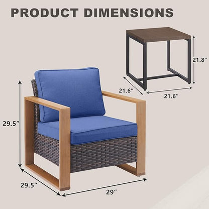 Rilyson 3 Piece Wicker Patio Furniture Set,Patio Bistro Set with 2 Rattan Armrest Chairs and 1 Side Table,Sturdy Frame,All-Weather PE Wicker,Wide Armrest,Deep Seating and Thick Cushions(Brown/Blue)