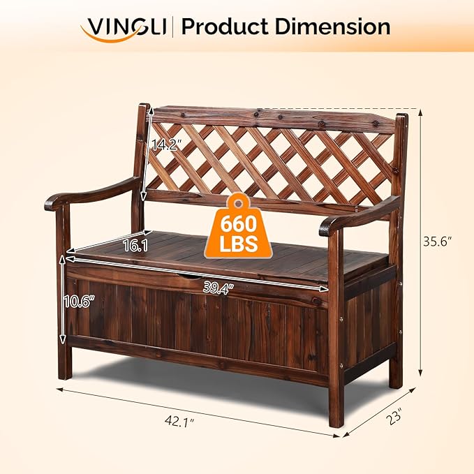 VINGLI Outdoor Storage Bench, Large Wood Deck Box with Seating, Weatherproof Outdoor Bench with Storage Loveseat - Photo 3
