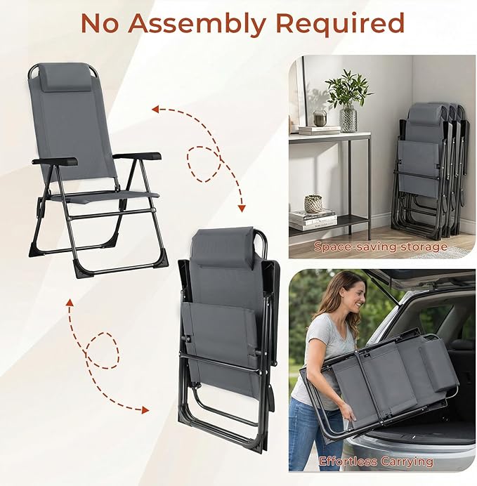 TLSUNNY Folding Patio Chairs Set of 4, Outdoor Lawn Chair w/ 5 Level Adjustable Teslin Back, Removable Headrest, Ergonomic Armrest, Foot Pad, All Weather for Camping, Garden, Pool, 300Lbs (4, Grey)