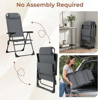 TLSUNNY Folding Patio Chairs Set of 4, Outdoor Lawn Chair w/ 5 Level Adjustable Teslin Back, Removable Headrest, Ergonomic Armrest, Foot Pad, All Weather for Camping, Garden, Pool, 300Lbs (4, Grey)
