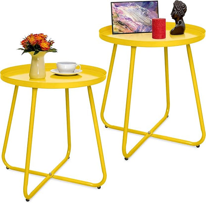 CODIN Set of 2 Outdoor Side Table Outdoor, Metal Side Table Small Round Side Table Weather Resistant End Table Patio Table for Garden Porch Balcony Yard Lawn (2, Yellow)