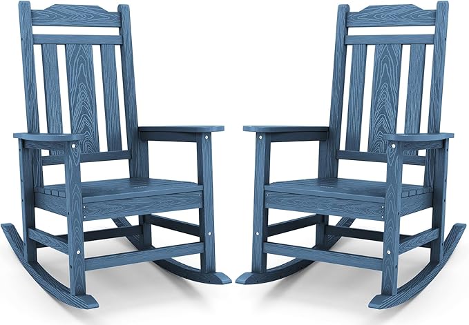 SERWALL Blue Outdoor Rocking Chair Set of 2, All Weather Patio Rocking Chair, HDPE Poly Rocking Chair for Adults, Heavy Duty Front Porch Rocker