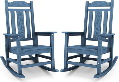 SERWALL Blue Outdoor Rocking Chair Set of 2, All Weather Patio Rocking Chair, HDPE Poly Rocking Chair for Adults, Heavy Duty Front Porch Rocker