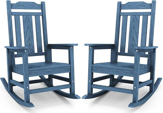 SERWALL Blue Outdoor Rocking Chair Set of 2, All Weather Patio Rocking Chair, HDPE Poly Rocking Chair for Adults, Heavy Duty Front Porch Rocker
