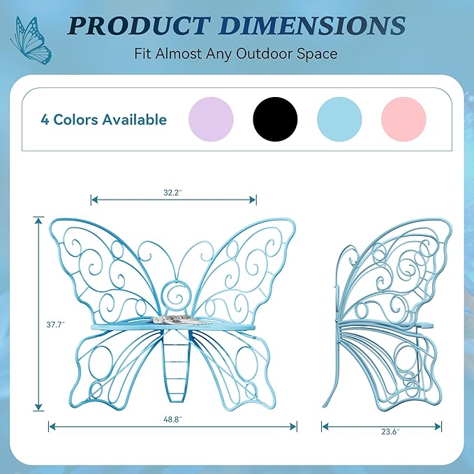 49 Inch Outdoor Bench, Blue Garden Bench with Metal Frame, Weatherproof Butterfly Front Porch Benches for Lawn, Garden, Yard, Balcony