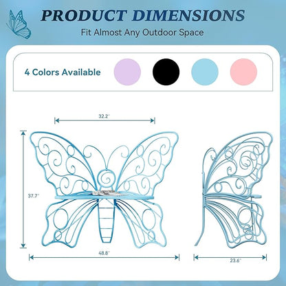49 Inch Outdoor Bench, Blue Garden Bench with Metal Frame, Weatherproof Butterfly Front Porch Benches for Lawn, Garden, Yard, Balcony