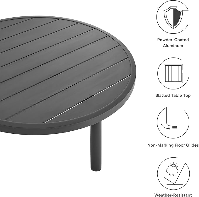Modway Terrace Round Metal Outdoor Patio Coffee Table in Graphite – 35 Inch Weather-Resistant Coffee Table for Patio, Balcony, and Garden – Modern Outdoor Coffee Table with Round Slatted Top