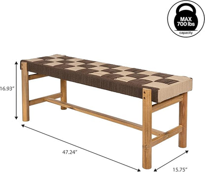 JONATHAN Y BNH202B Denis 48" 2-Seat Backless 700-Lbs Support Acacia Wood Outdoor Bench with Checkerboard Woven Rope Seat for Patio, Garden, Lawn, Backyard, Pool, Deck, Beach, Brown/Beige