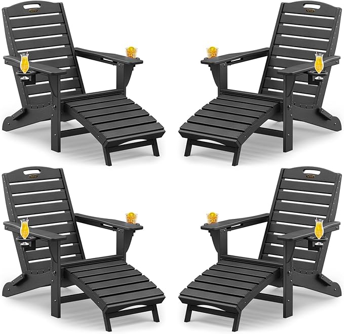 Folding Adirondack Chairs Set of 4,Adirondack Chair with Retractable Ottoman,Plastic Adirondack Chairs with 2 Cup Holder,Weather Resistant Patio Chair,Outdoor Chairs Set of 4(Black)