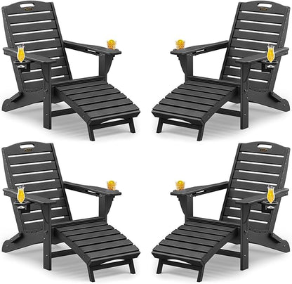 Folding Adirondack Chairs Set of 4,Adirondack Chair with Retractable Ottoman,Plastic Adirondack Chairs with 2 Cup Holder,Weather Resistant Patio Chair,Outdoor Chairs Set of 4(Black)