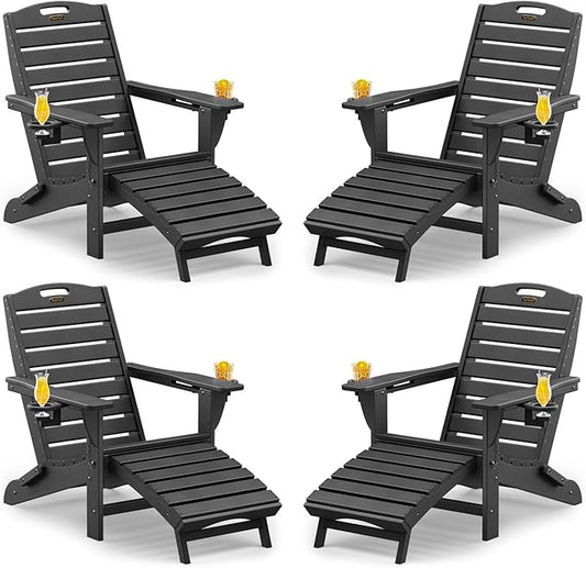 Folding Adirondack Chairs Set of 4,Adirondack Chair with Retractable Ottoman,Plastic Adirondack Chairs with 2 Cup Holder,Weather Resistant Patio Chair,Outdoor Chairs Set of 4(Black)