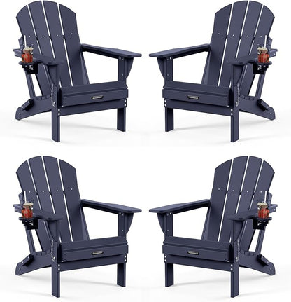 MUCHENGHY Folding Adirondack Chairs Set of 4, Patio & Outdoor Chairs, Plastic Weather Resistant with Cup Holder for Deck, Backyard, Garden (Dark Navy Blue)