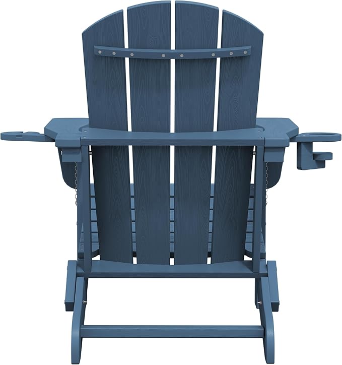 SERWALL Folding Adirondack Chair, Dual Cup Holders & All-Weather HDPE, Wood-Like Patio Chair-Navy