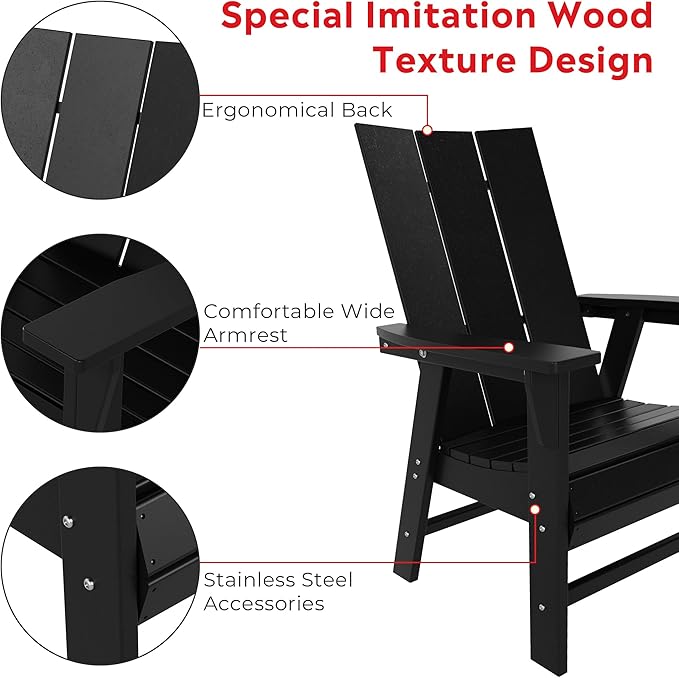 Costaelm Outdoor Adirondack Chair, HDPE Patio Balcony Chair, Portside Seashell Nautical Curveback Adirondack Chair and Fire Pit Chairs, Black