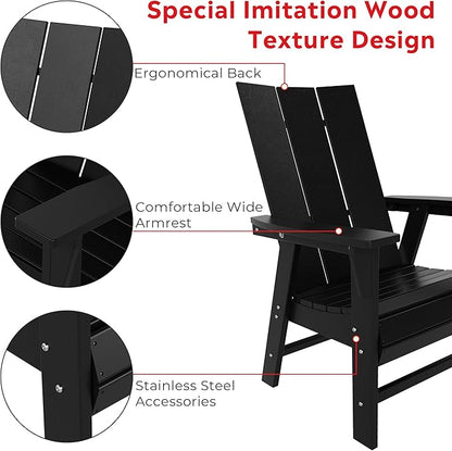 Costaelm Outdoor Adirondack Chair, HDPE Patio Balcony Chair, Portside Seashell Nautical Curveback Adirondack Chair and Fire Pit Chairs, Black