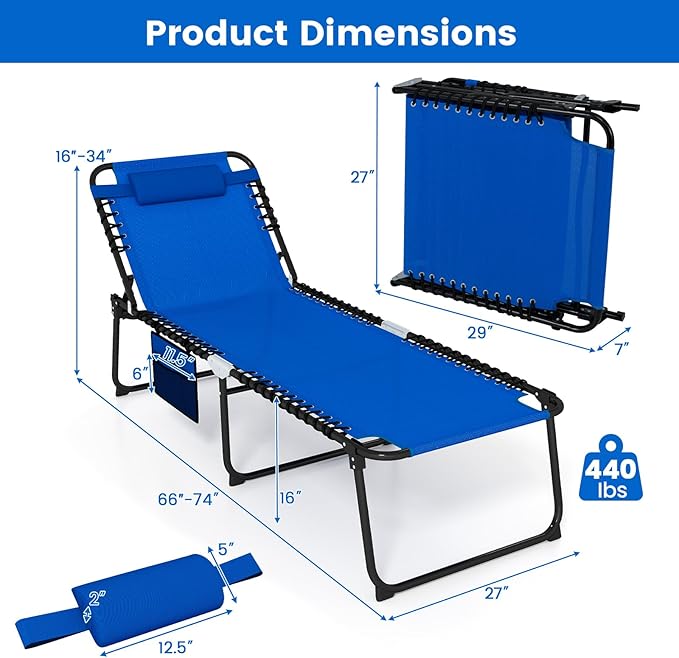 Goplus Chaise Lounge Chair Outdoor, Extra Large Folding 5-Postion Beach Bed with Detachable Pillow, Side Pocket, Adjustable Sunbathing Tanning Chair for Patio Lawn Pool Yard