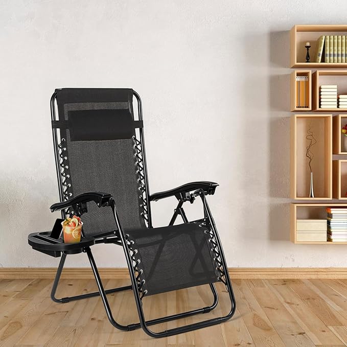 TLSUNNY Zero Gravity Chair Set of 2, Outdoor Folding Lounge W/Detachable Headrest & Holder Tray, Adjustable Textilene Lawn Reclining, No Assembly Required, for Patio, Garden, 330LBS (2, Black)