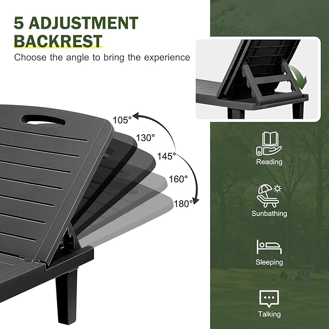 CDCASA Outdoor Chaise Lounge Set of 3, Pool Lounge Chairs w/5 Adjustable Positions & Side Tray, Waterproof Resin Lounges for Poolside,Yard,Garden,Sunbathing, for All Weather, Black
