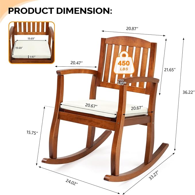 VINGLI Wooden Rocking Chair with Cushion,Outdoor Indoor Rocking Chair Supports Up to 450 lbs,Chair with Comfortable Backrest for Patio, Porch, Balcony (1, Teak)