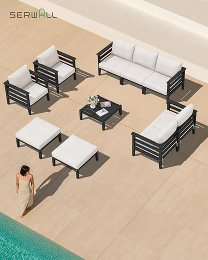 SERWALL HDPE Outdoor Furniture Set, 10 Pieces Patio Sectional Sofa Set, All-Weather Wood-Like Outdoor Sofa with Coffee Table for Deck, Garden, Black Frame with Khaki Cushion
