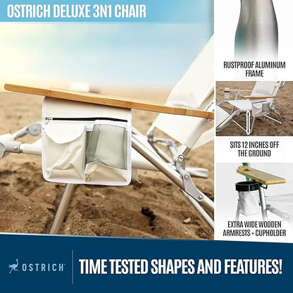 Ostrich the Deluxe 3N1 Reclining Lounge Chair, Folding Outdoor Lounger and Extra-Wide Beach Chair with Wooden Armrests and Face Hole, White